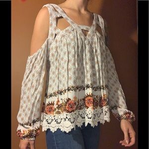 White Paisley Off Shoulder Cut Out Blouse